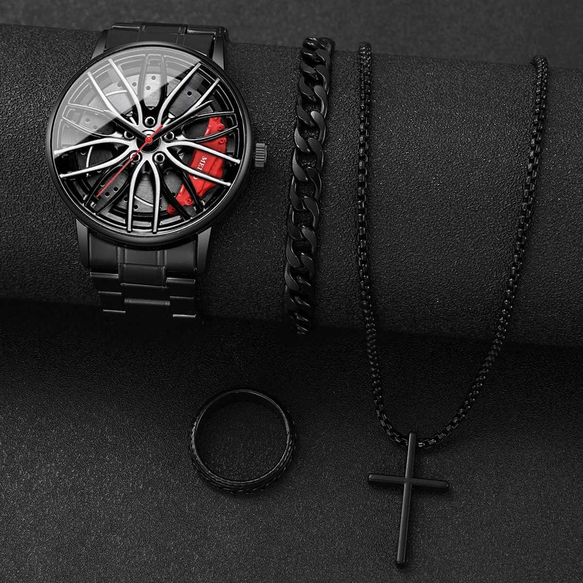 4PCS/Set Fashion Men Watches Jewelry Set Casual 3D Car Wheel Dial Stainless Steel Band Quartz Watch for Men ClockWithout Box W250724