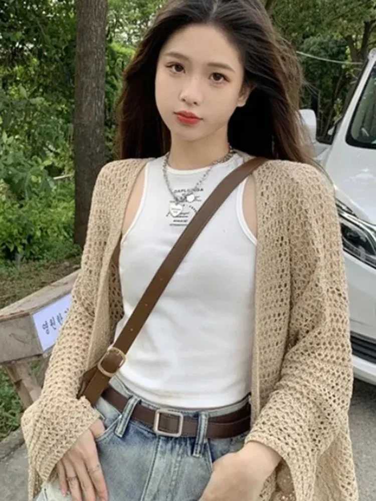 Women Hollow Out Knitted Cardigan Sweaters Autumn Simple Lazy Wind Long Sleeve Outerwear Boho Sun Proof Holiday Lady Coat Tops X250724
