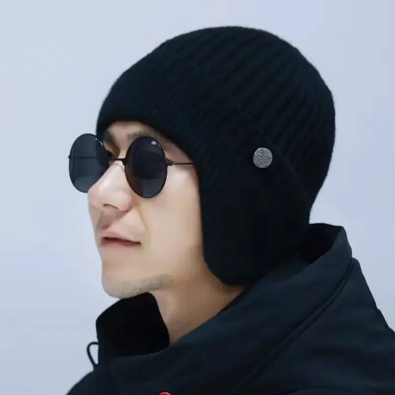 Fashion Men Wool Warm Knitted Hat Ear Protection Hat Skullies Beanies Double layer Velvet Thickened Ski Hat Beanies for Men 250722