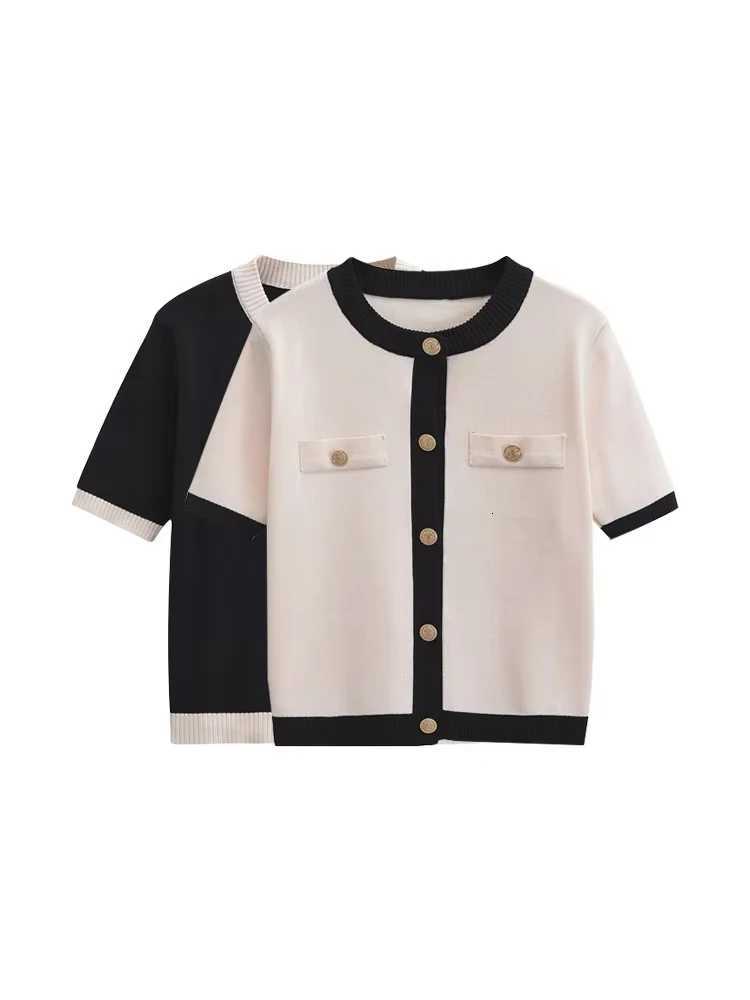TRZA Womens Patchwork Knit Cardigan Sweater O-Neck Short Sleeve Button-Up Chic Fashion Outerwear Top X250724