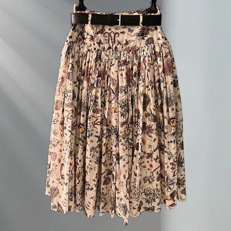 Ladies High Waist Floral Print Skirt Designer Belt-Free A-Line Skirt Voluminous Silhouette Y2K Romantic Clothes S0753