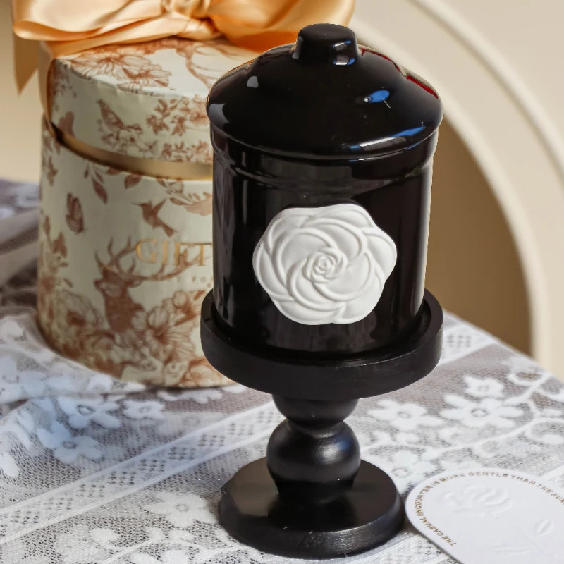 Luxury French Camellia Black Ceramic Mug Aromatherapy Cup Coffee Mugs Home Decoration Candle Wooden Holder Household Ornaments 250724