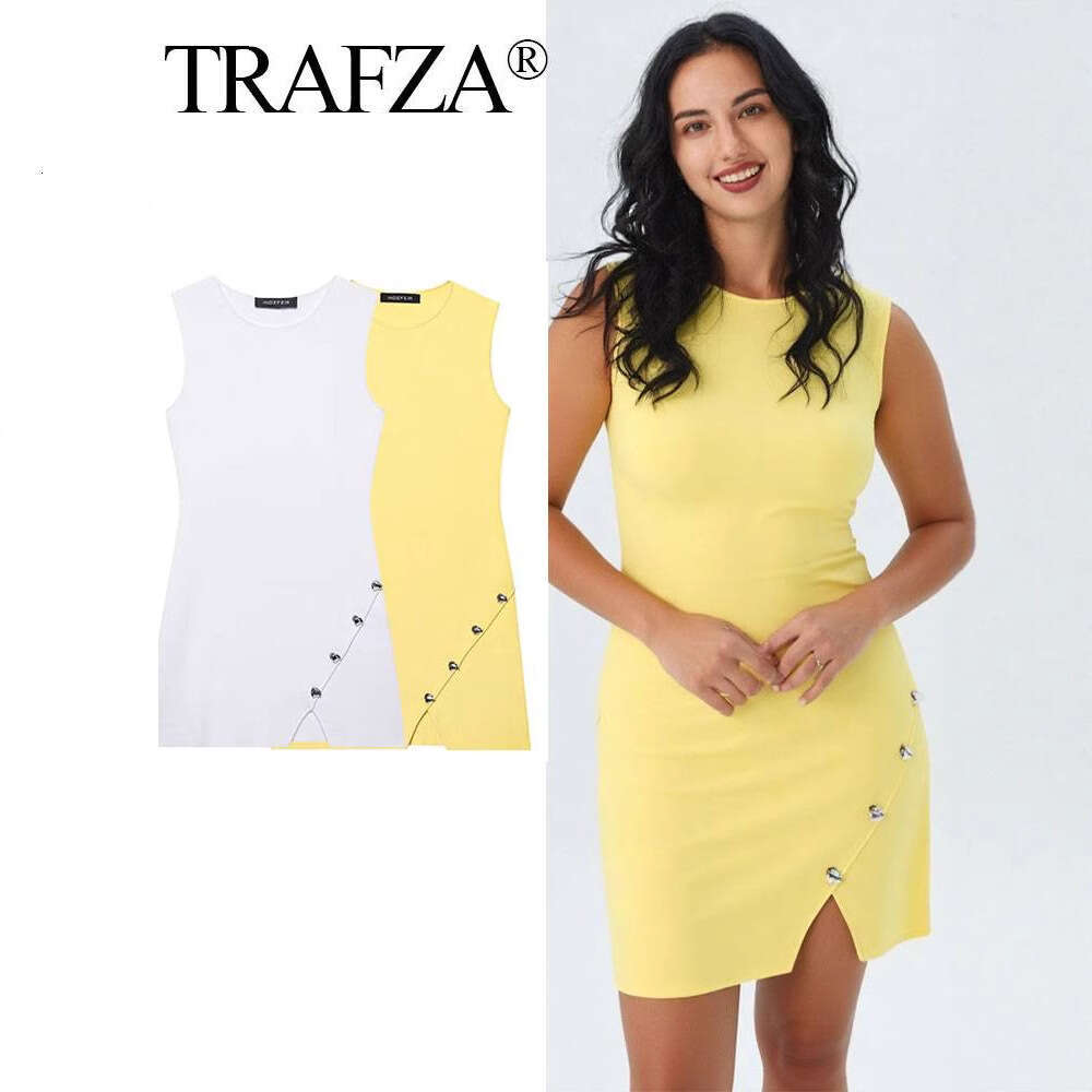 TRAFZA Women's Summer Round Neck Sleeveless Irregular Button Decor Knitted Dress B5 b6