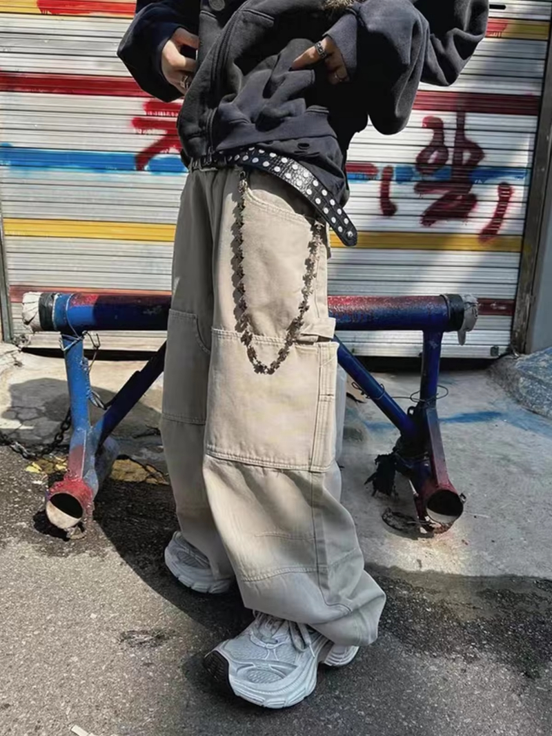 MIJKO Streetwear Knee Pleated Silhouette Baggy Cargo for Men Solid Straight Casual Trousers Oversized Multipockets Pants Z260315