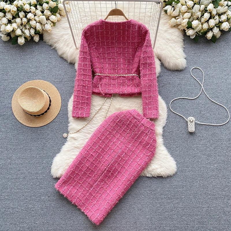 Women's Tracksuits Spring Autumn Fashion Female Slim Outfit Women Cropped Tweed Jacket Coat High Waist Split Half Skirt Suit Elegant Two