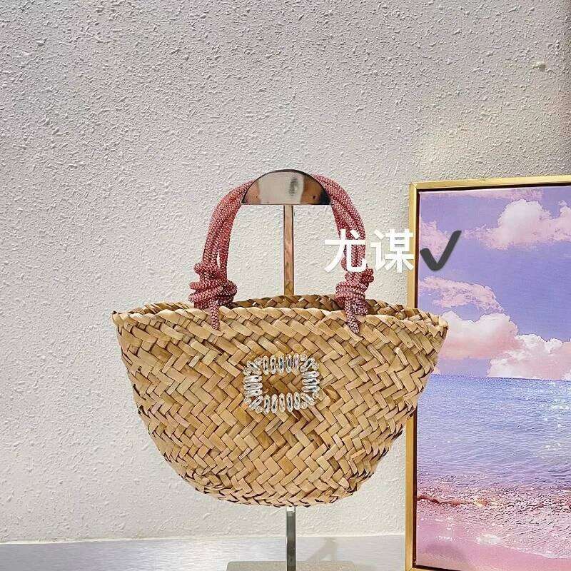 Summer Travel Vacation Handmade Woven Grass Beach Dia Shining Vegetable Basket Shopping Handheld Bag