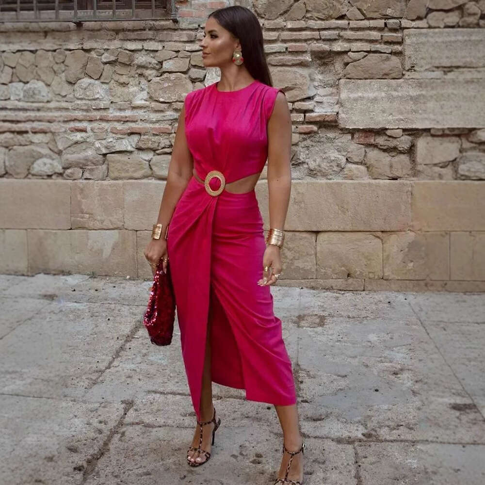 Autumn New Women's Fashion Elegant Open Design Buckle Decorated Dress B5