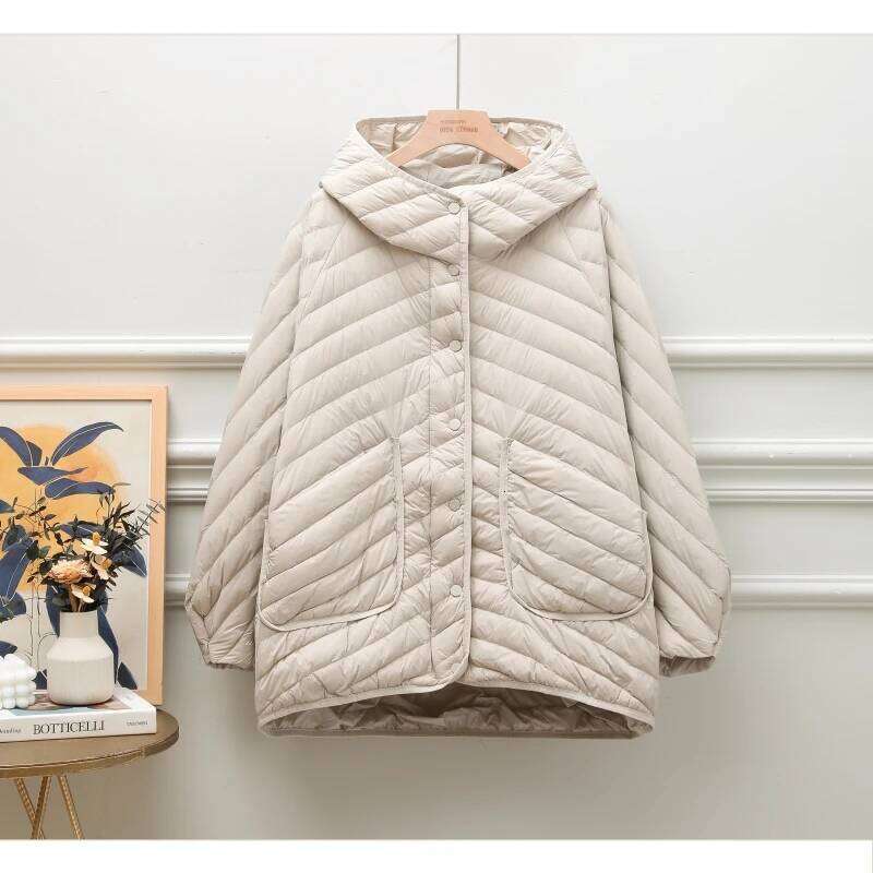 Schinteon Women 90% White Duck Down Jacket Over Size Loose Casual Autumn Winter Outwear Big Pocket Coat Hood 2024 New
