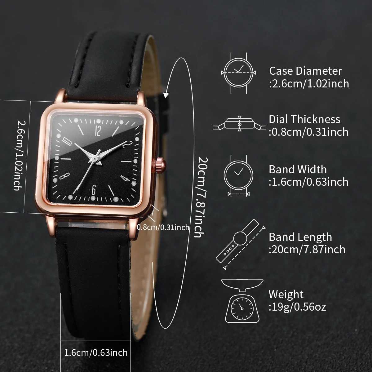 6PCs/Set Womens Fashion Watch Square Simple Dial Leather Quartz Watch with Love Bracelet Set W250724