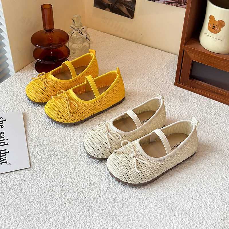 2025 Summer Children Flats Shoes Solid Weave Bow Breathable Girls Princess Shoes Shallow Soft Bottom Non-slip Kids Ballet Flats XJ250724