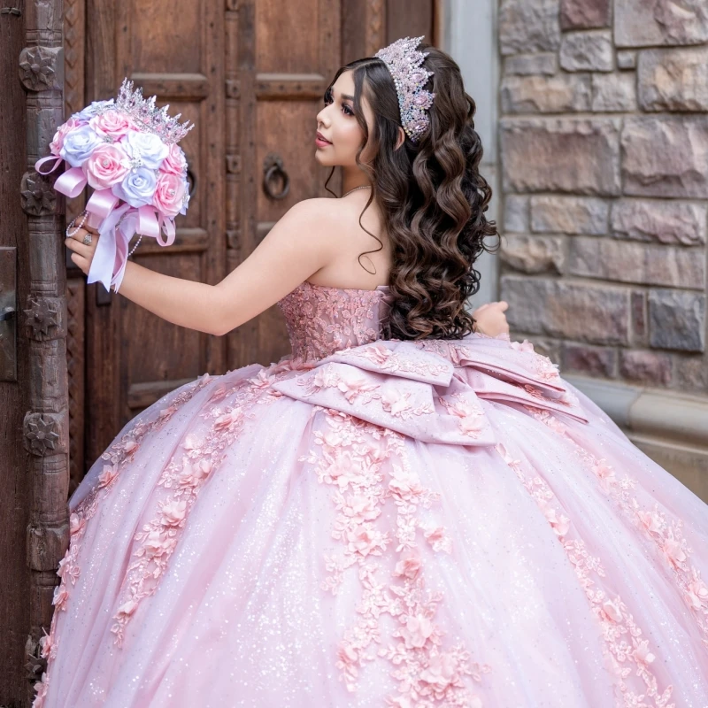 Pink Shiny Quinceanera Dresses Off Shoulder Ball Gown Sweet 16 Dress Applique Flower Beads Bow Tull Birthday Party Vestidos 15 De Anos