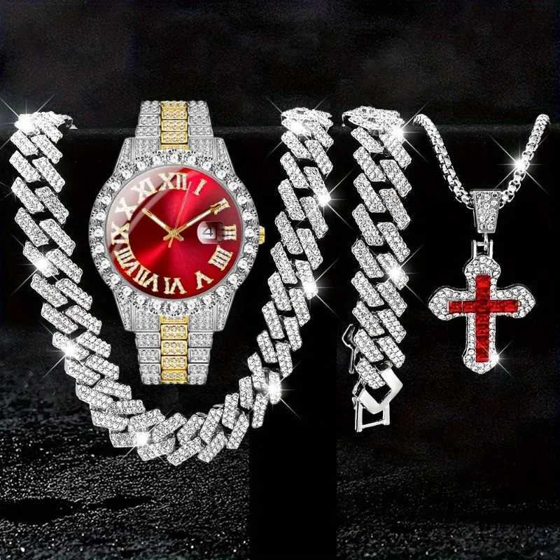 4pcs/set Business Luxury Mens Rhinestone Watch Jewelry Set Classic Silver Mens Quartz Calendar Wrist Watch - Gifts for Men W250724