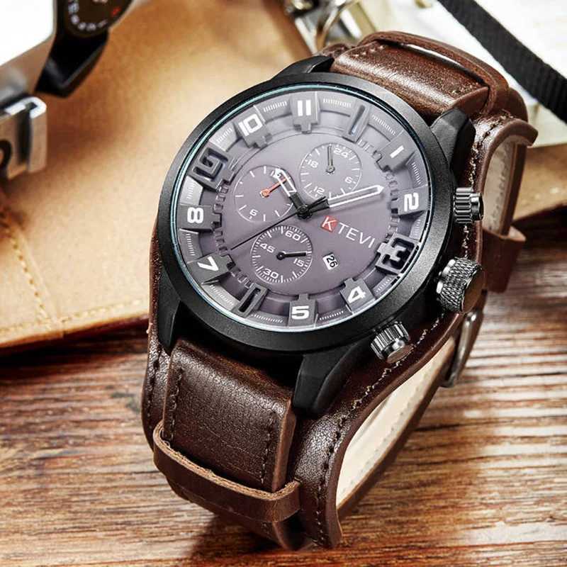 1KAZ Luxury Business Men Quartz Watch Classic Retro Mens Watches Big Dial Leather Strap Date Military Wristwatch for Man W250724