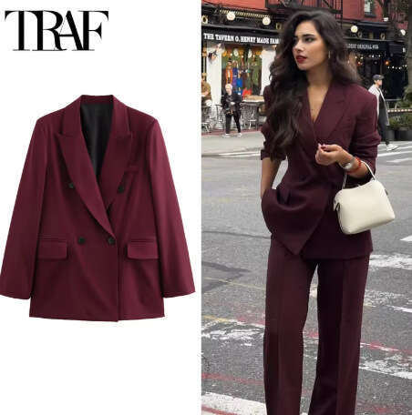 TRAFZA Autumn Winter Women's Fashion Elegant Burgundy Blazer Double-Breasted Jacket For Women B5