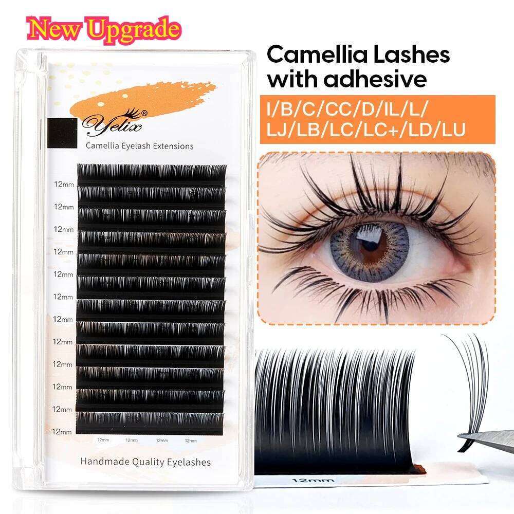 Yelix Camellia with Adhesive LC LB LJ C D Curl Eyelashes Natural Soft Eyelash Extensions Russian Volume Individual Lashes X250723