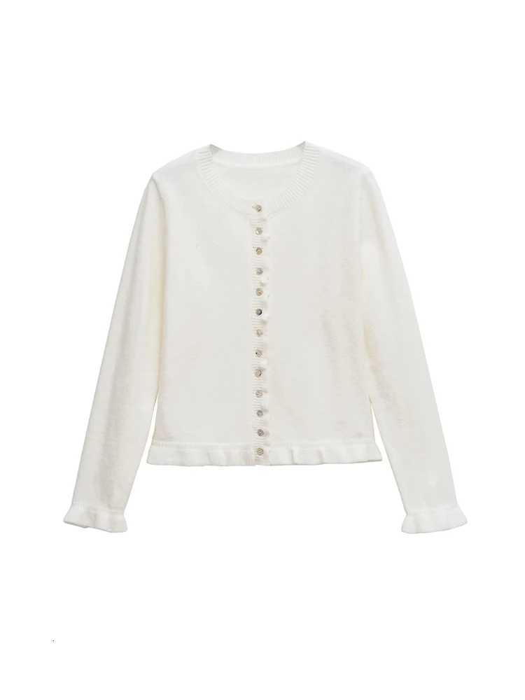 TRZA Womens Ruffled Knit Cardigan Sweater O-Neck Long Sleeve Button-Up Chic Outerwear Fashion Top X250724