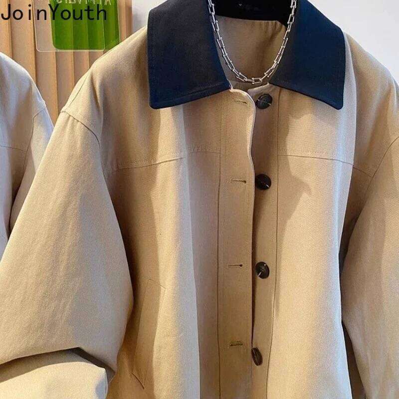Korean Clothing Fashion Jackets for Women's Contrast Color Turndown Collar Vintage Outwear Casual Oversized Coats Tops Female