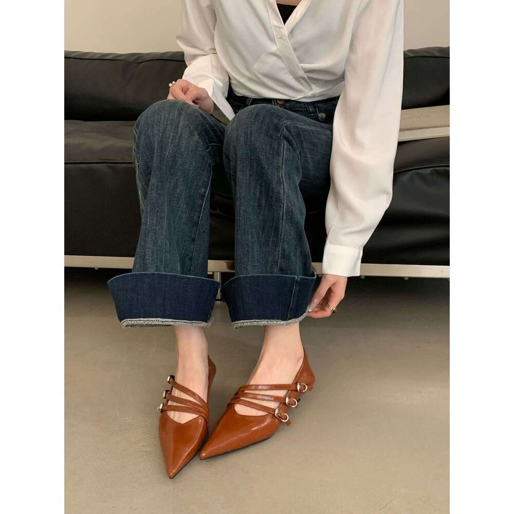 Designer 2025 Spring Single French Style Comfortable Leather Shallow Mouth Women's Soft Sole Versatile Casual Shoes