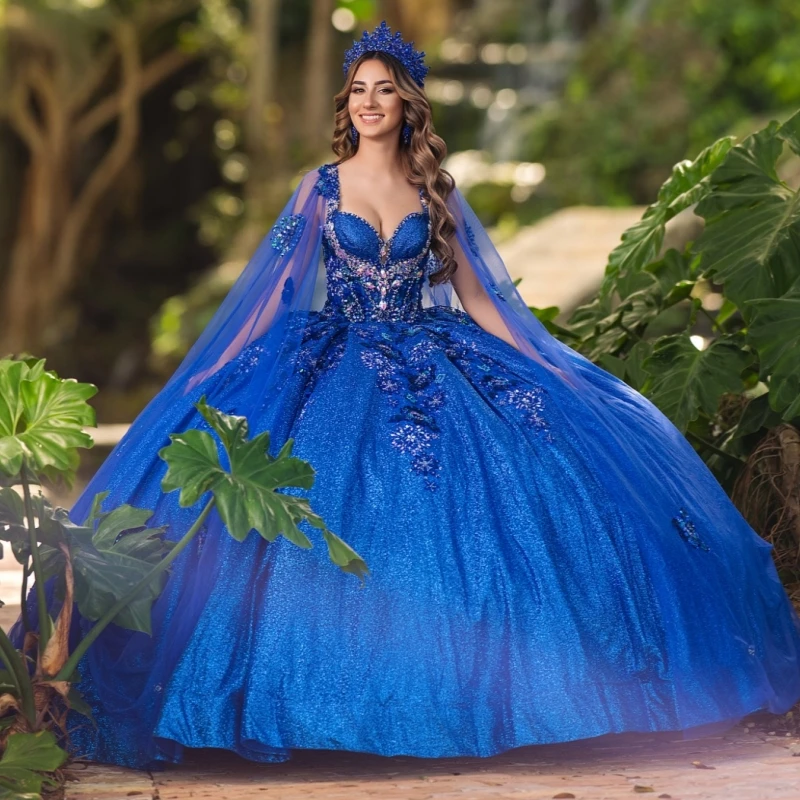 Royal Blue Shiny Quinceanera Dresses Off Shoulder Ball Gown Sweet 16 Dress Sequin Applique Lace Beads With Cape Tull Vestidos 15 Anos