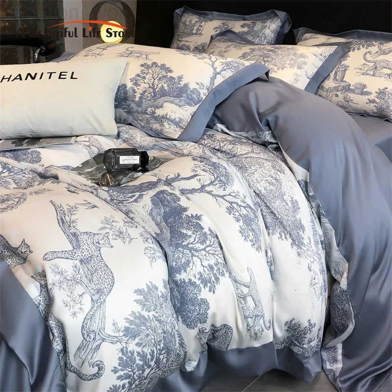 Soft Silky Skin Friendl Natural Eucalyptus Fiber Lyocell Bedding Set Forest Plants Leopard Duvet Cover Set Bed Sheet Pillowcases X250724