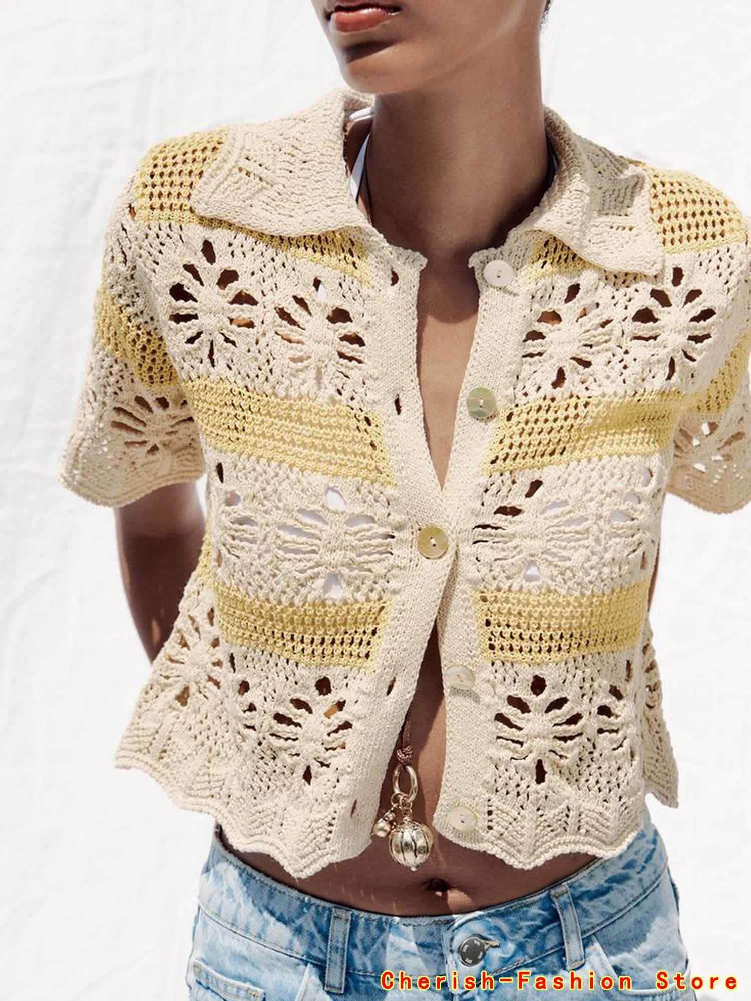 Embroidery Hollow Out Blouse Top Short Sleeve Cardigan Women Summer Boho Vacation Outfit Knit Cardigan Contrast Color Lapel Hot X250724