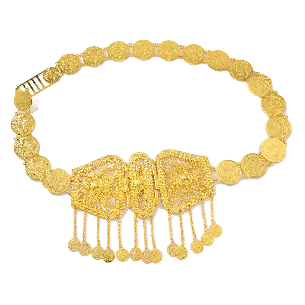 Cross-border Middle East waist jewelry fashionable gold alloy hollow carved coins tassel waist chain clothing accessories 250722