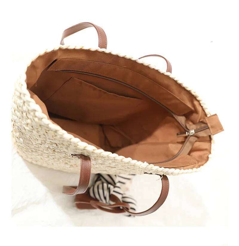 Women's shoulder corn husk straw versatile hand woven portable vegetable basket bag Holiday Beach Bag