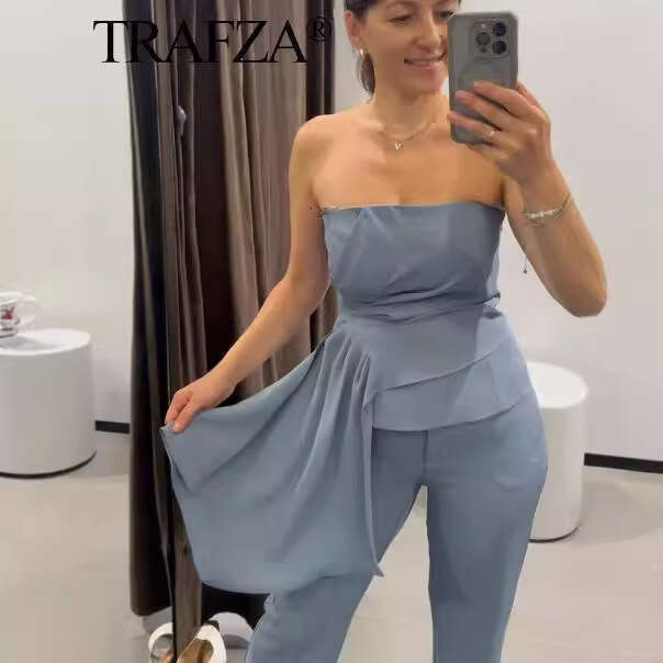 TRAFZA Sky Blue Autumn New Sleeveless Ruched Corset Top High Waist Flared Pants B5