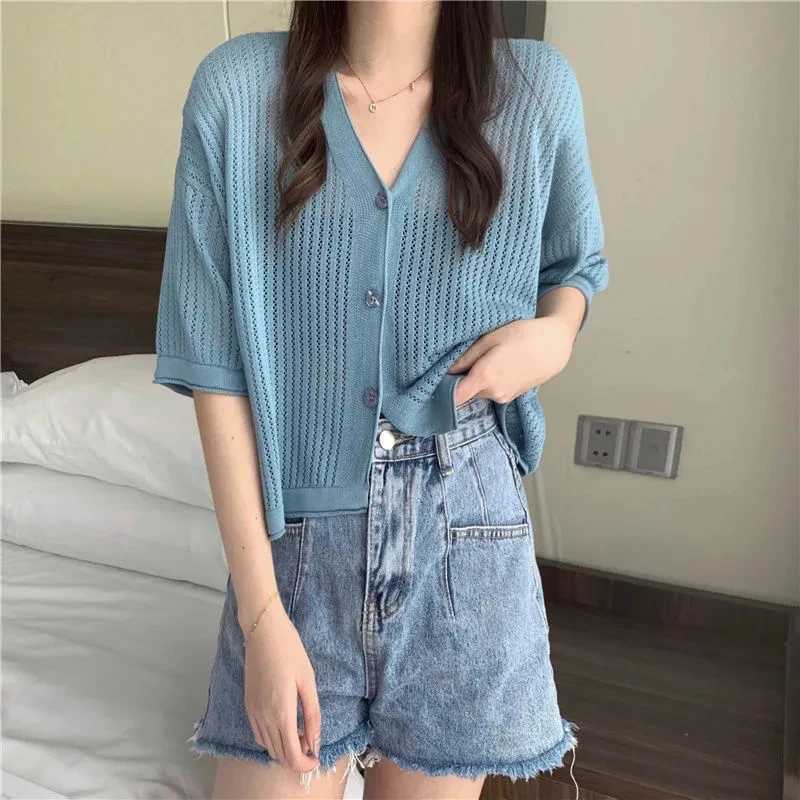 5 Neck Hollow Cardigan Women Summer Thin Short Sleeve Knitted Sun Protection Tops Korean Style Preppy All Match Crop Tops X250724