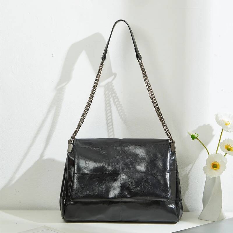 Women's Fashion Metal Chain Shoulder Crossbody Simple Pu Sewing Solid Color Flip Messenger Bag, Classic Busine