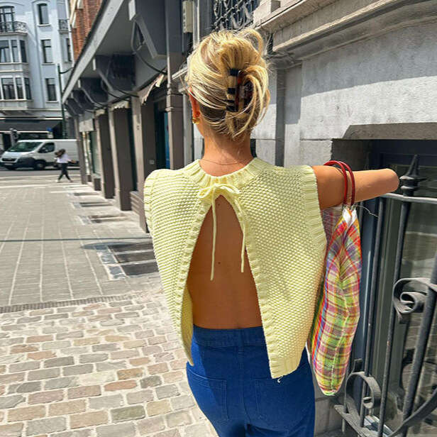 TRAFZA Women's Fashion Knitted Sweater Backless Tie Versatile Short Style B5