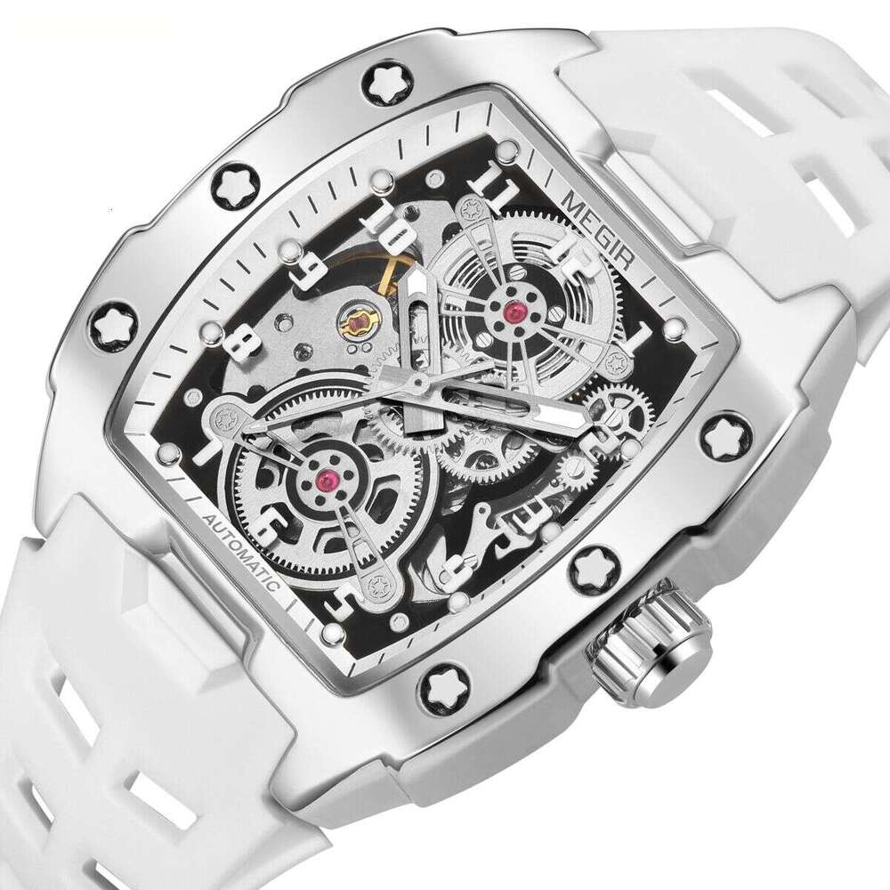 DHgargets MEGIR Men's Skeleton Tonneau Watch - Automatic Mechanical, Luminous, 30M Waterproof, Silicone Strap, Fashion Wristwatch