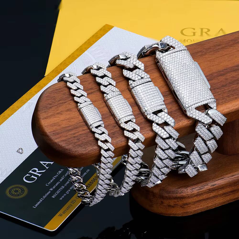8/10/12/14mm S925 Sterling Silver Hip Hop Diamond Link Bracelets Sparkling Real Full Moissanite Cuban Chain Bracelet