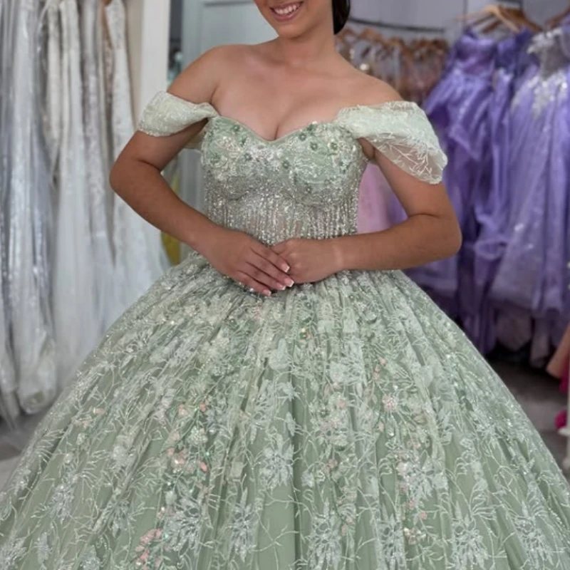 Mint Green Shiny Quinceanera Dresses Off Shoulder Ball Gown Sweet 16 Dress Sequin Applique Lace Beading Tull Birthday Vestidos De 15 Anos