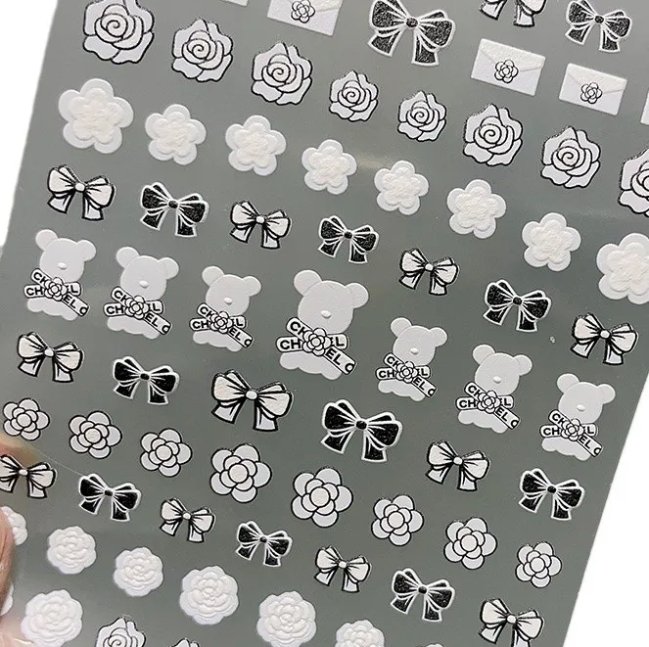 Little Fragrant Bow Nail Art Sticker 5D Relief Light Luxury Black And White Teddy Stamp Nail Sticker Jewelry CA Model