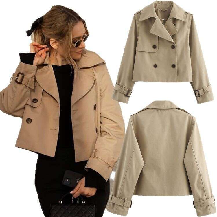 TRAFZA Autumn New Women's Fashion Short Trench Coat With Turn-Down Collar And Double Breasted Long Sleeve Jacket B5