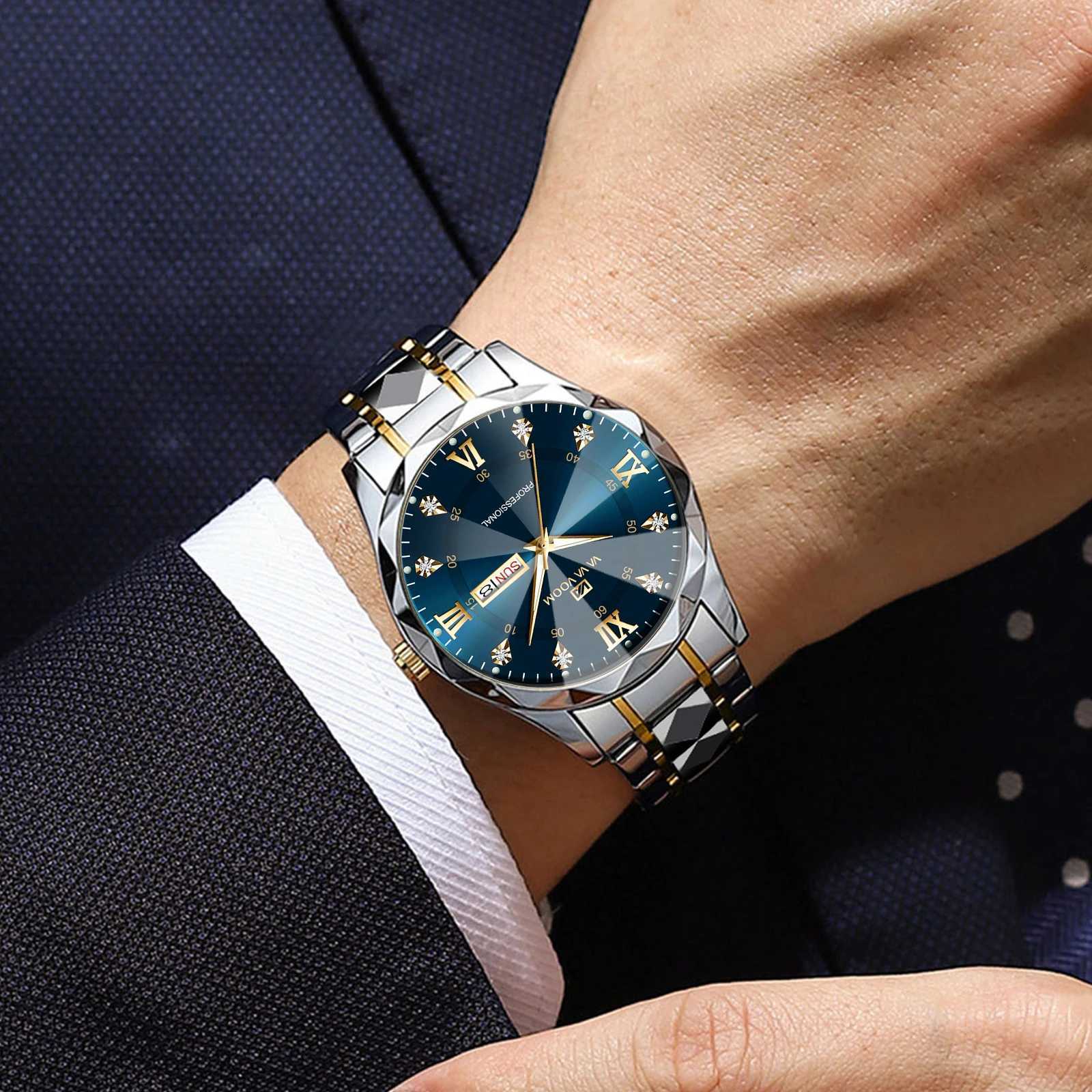 Men Watch Water Diamond Luxury Night Glow Double Calendar Quartz Movement 41mm Blue Gold Stainless Steel Fashion Business Watch W250724