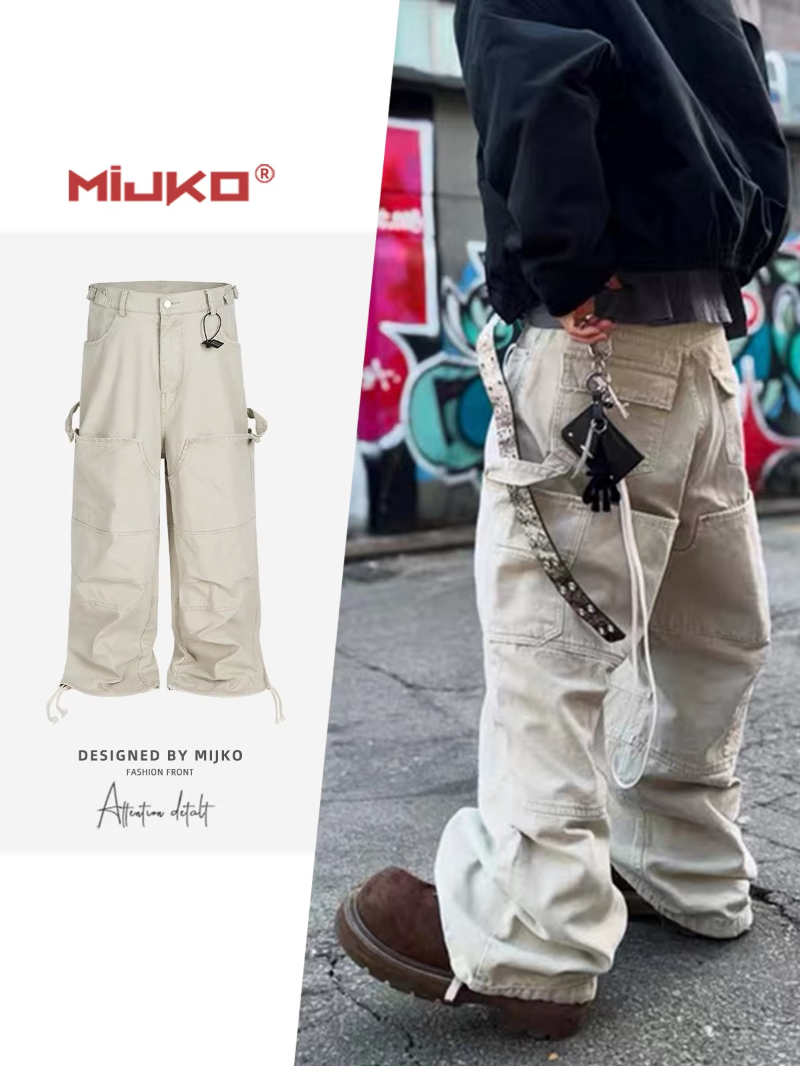 MIJKO Streetwear Knee Pleated Silhouette Baggy Cargo Pants for Men Solid Straight Casual Trousers Oversized Multipockets Pants