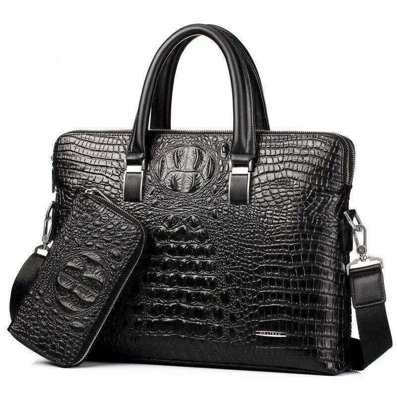 Bags New Alligator Leather Business Men's Male Briefcase Shoulder Men Messenger Laptop Computer Bag 2 Pcs
