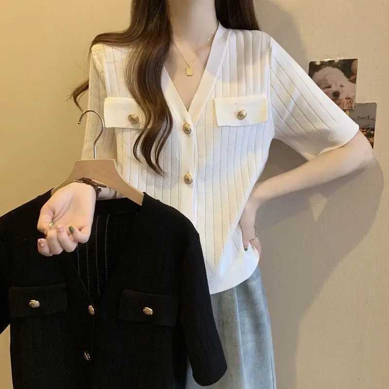 Summer Korean Version Swt V-neck Button Cardigan Women Elegant Fashion False Pocket Short Sleeve Tops Casual Loose Knitwear X250724