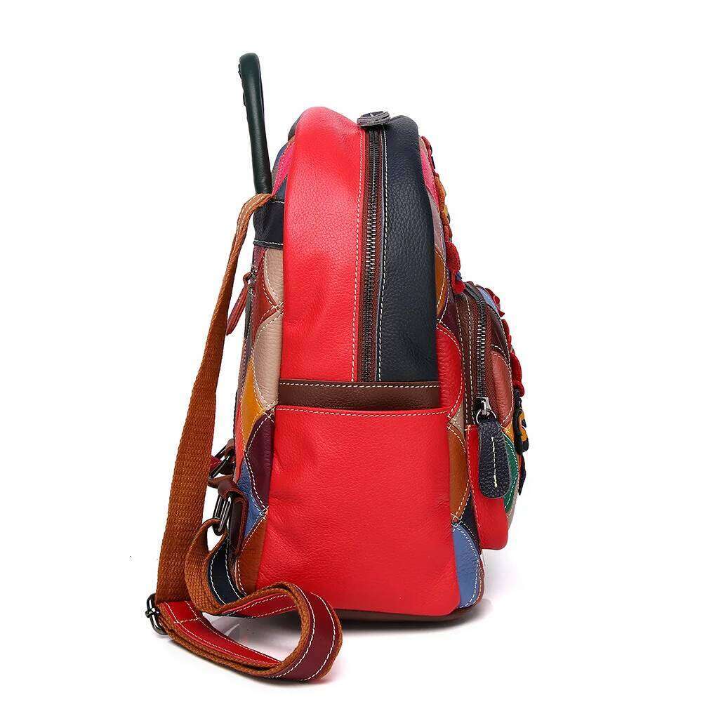 Genuine Leather Fashion Backpack Cowhide Colorful Design Model Handmade Flower Splicing Color Collision College Ladies Schoolbag