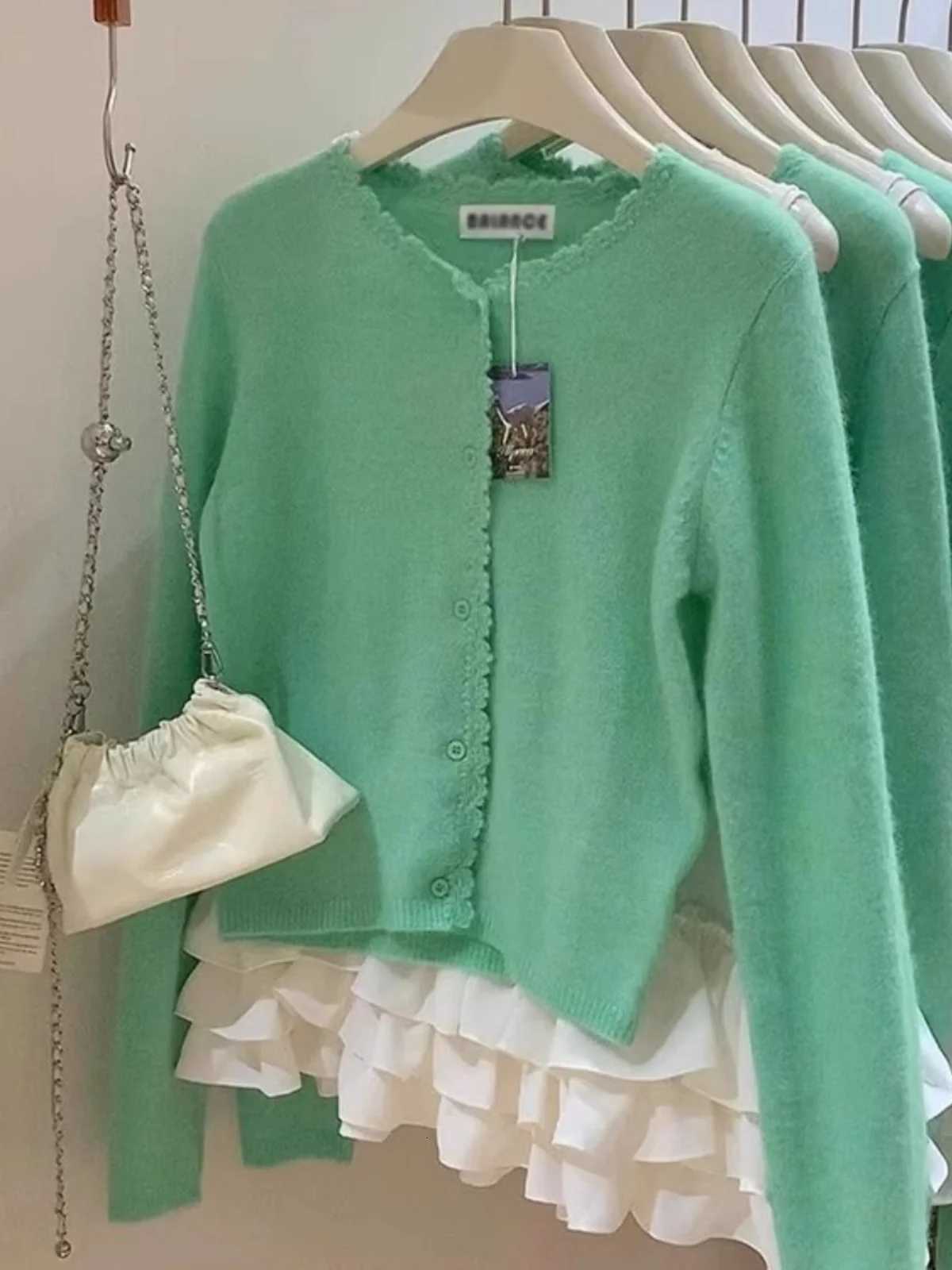 100% Cotton Lace Knitted Cardigan Sweater Women Spring Autumn Loose Single Breasted Short Jacket New Solid O-neck Long Sleeve Top X250724