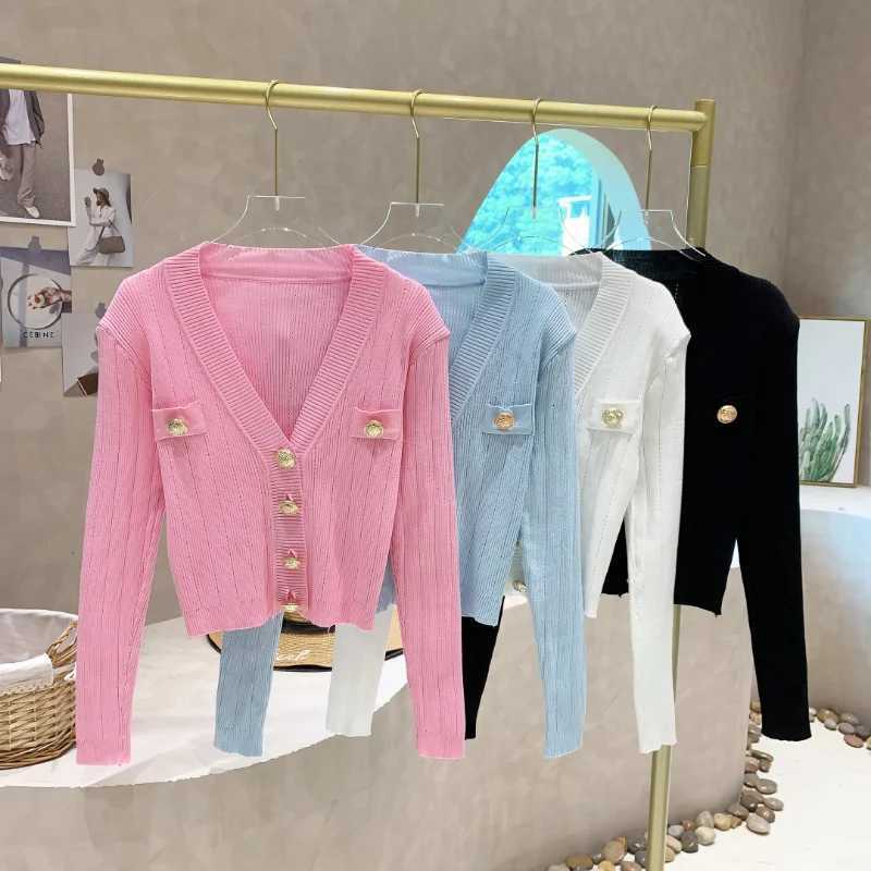 2025 Sweaters for Women Gentle Slim Korean Clothes Cropped Cardigan V-neck Metal Button Knitted Jacket Sun Shirts X250724