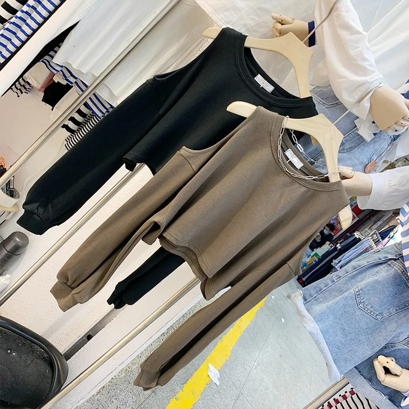 Woman Tshirts Summer Off-the-Shoulder Cotton Long-Sleeved Hole T-shirt O Neck Loose Solid Color All-match Shirt WBXC36 250724