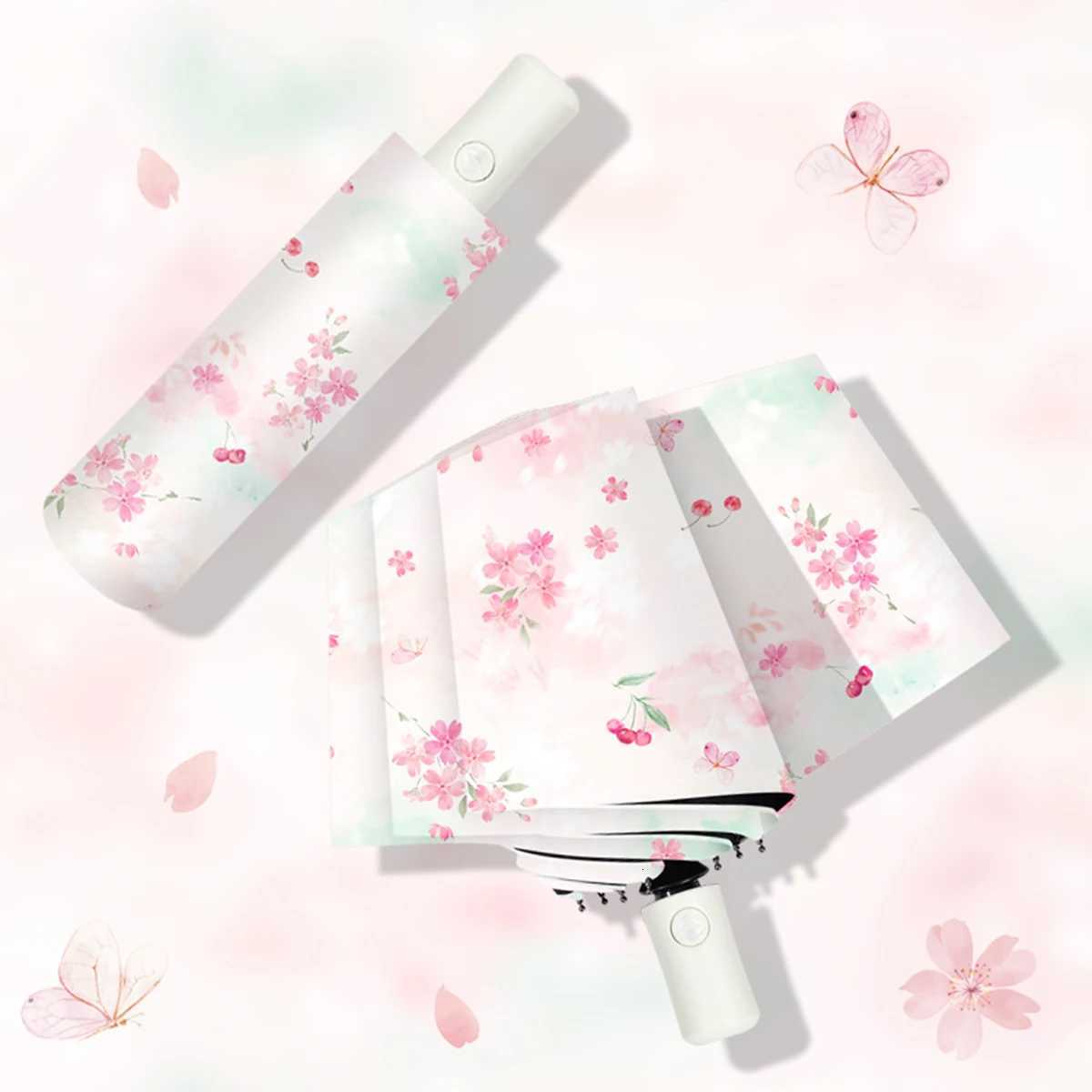 Falling Cherry Blossoms Colorful Printed Pattern Umbrella Fully Automatic Umbrella Waterproof Sunscreen UV Protection Portable R250724