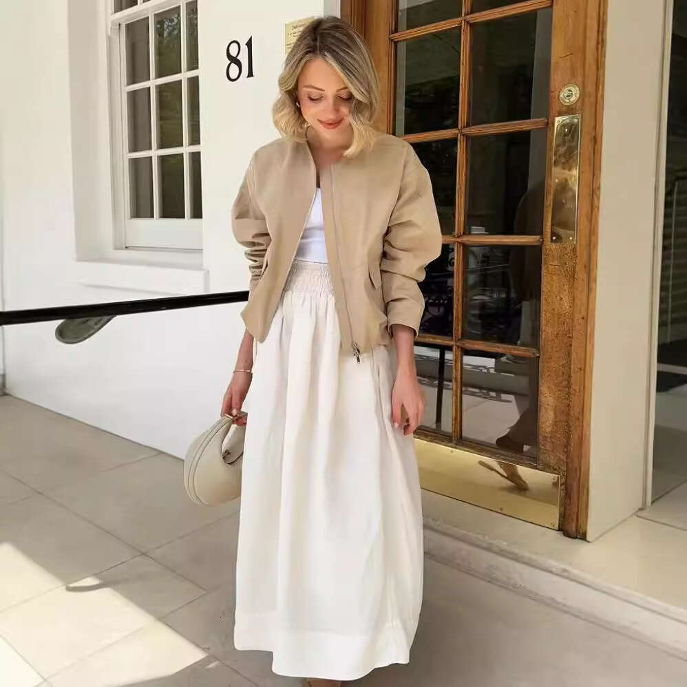 TRAFZA Zipper Round Neck Cargo Pocket Loose Drop Shoulder Bomber Jacket Cool Trendy B5