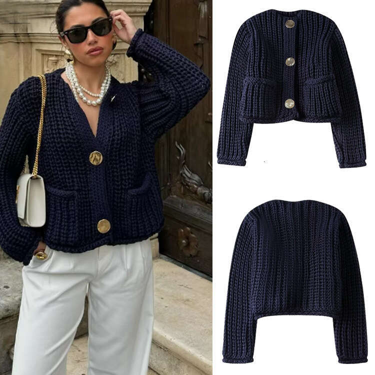 TRAFZA Women's Solid Color Single-Breasted Double-Pocket Short Thick Knit Cardigan Jacket Top B5