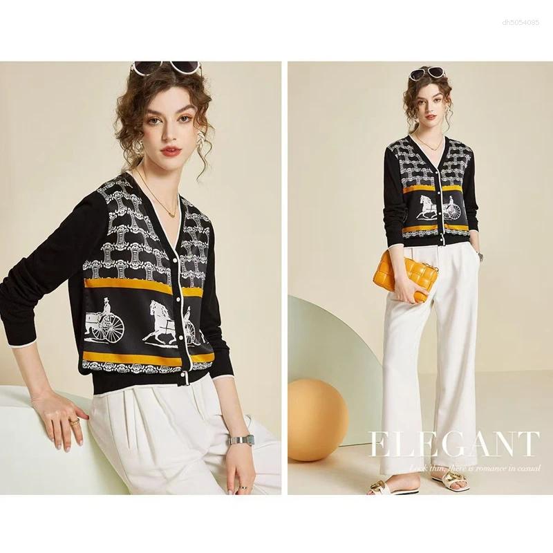 Women's Blouses Spring And Autumn Woven Wool Cardigan V-neck Color Matching Sweater Thin Loose Silk Printed Long Sleeve Knitted Jack