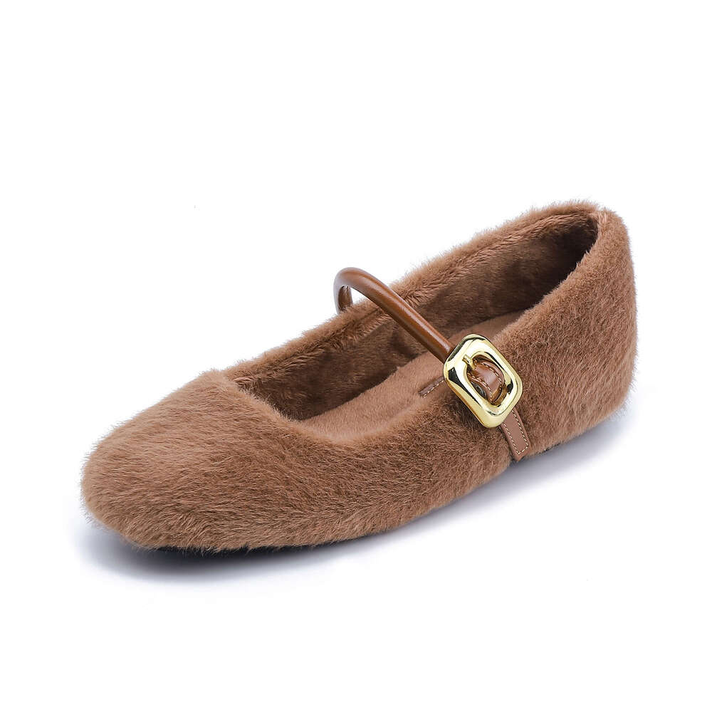 Designer Winter New Furry Women, High-end Thick Velvet Warm Shoes, One-Strap Korean Style Cotton Shoes for Women