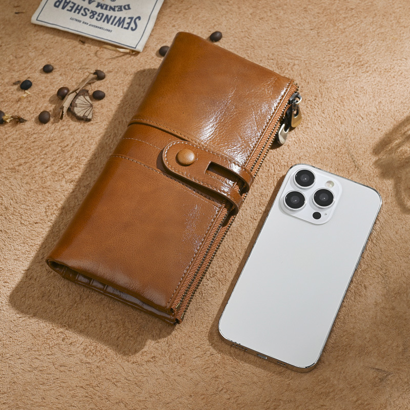 Free Shipping Designer Package Oil Wax Leather Long Wallet Cowhide Wallet Anti Magnetic Card Clip Genuine Leather Coin Wallet